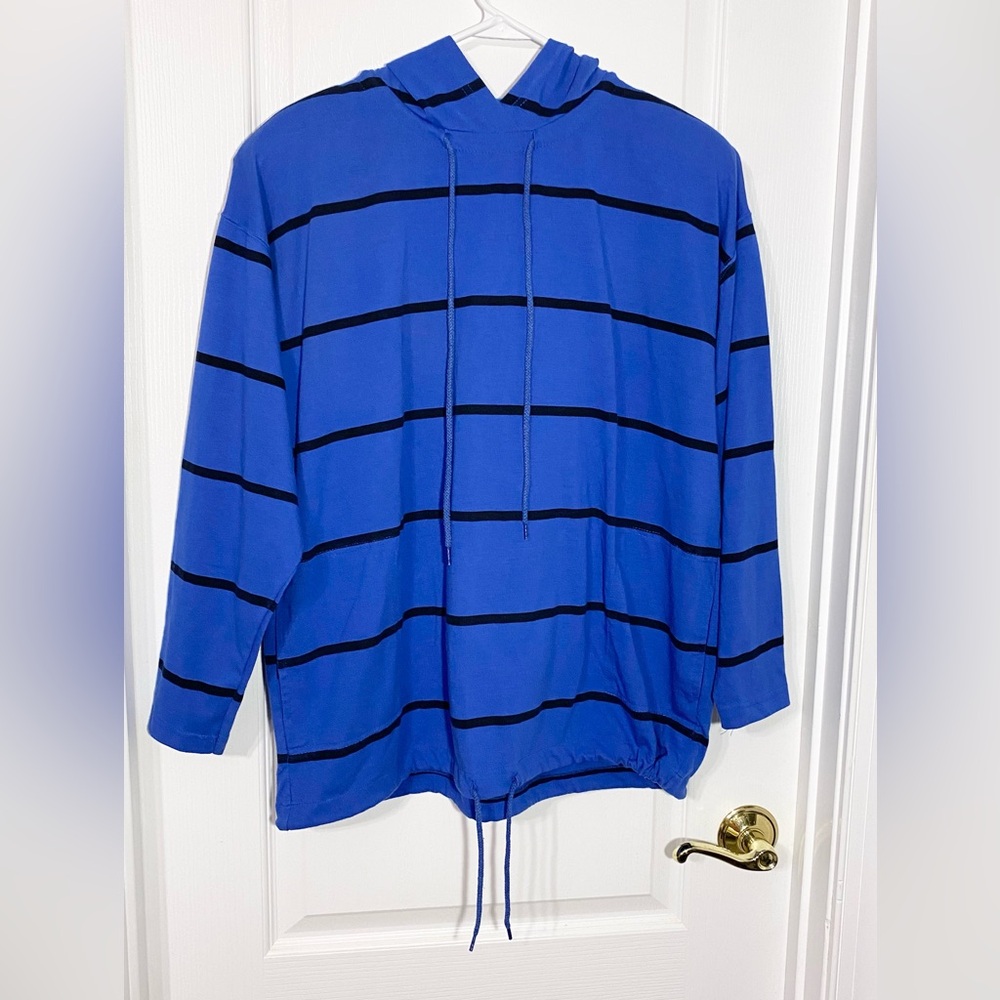 80s Betty Blue Striped Knit Hoodie Top HONG KONG MADE Vintage Blue Black Size M